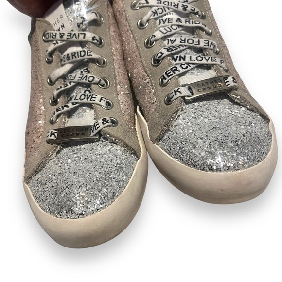 Leather Crown Glitter Sneakers Womens 38 Gray Rose Lace Up Low Top - Picture 3 of 8